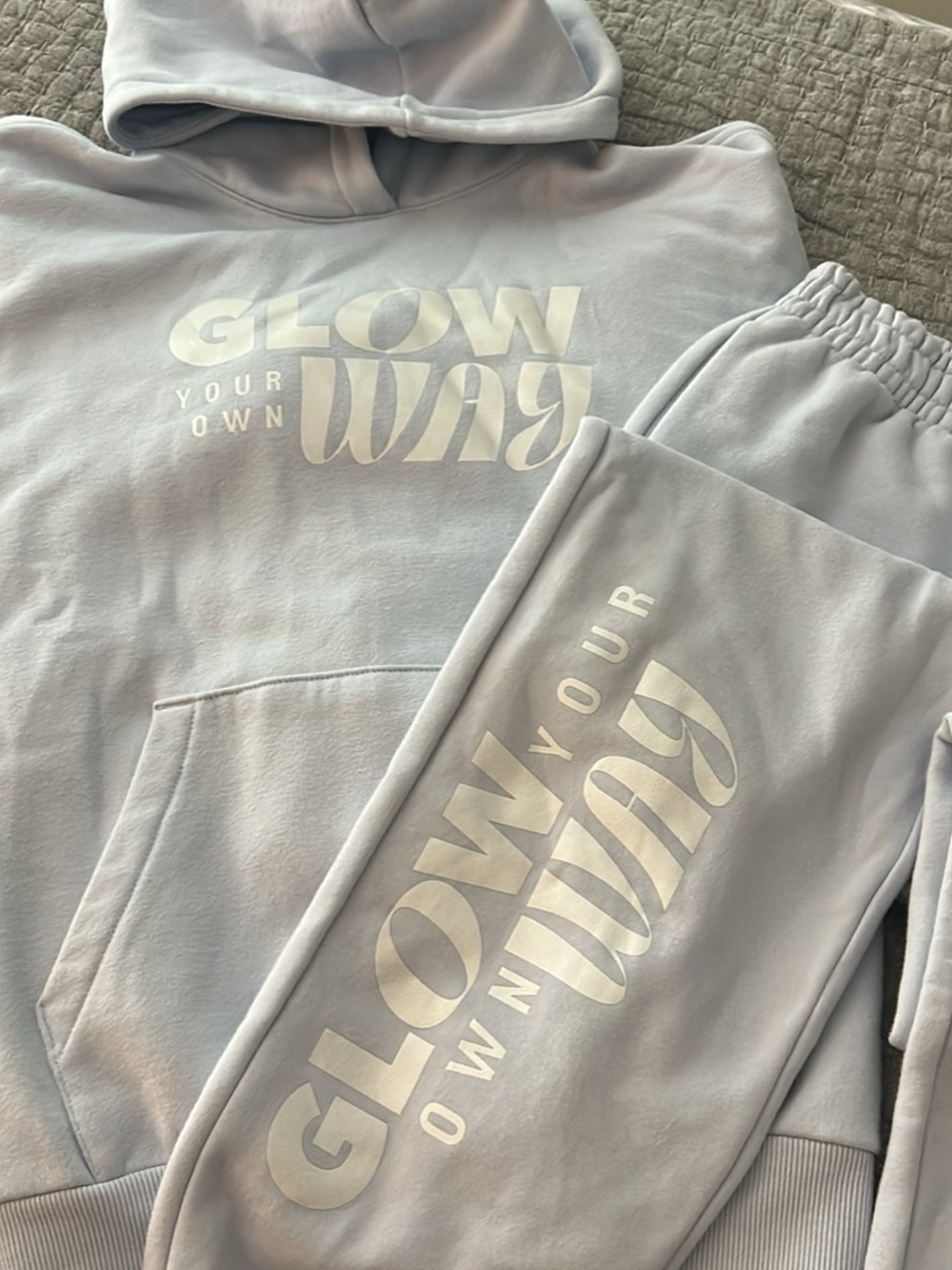 Athleta Girl Pale Blue “Glow Your Own Way” hoodie and sweatpants set in size 12
